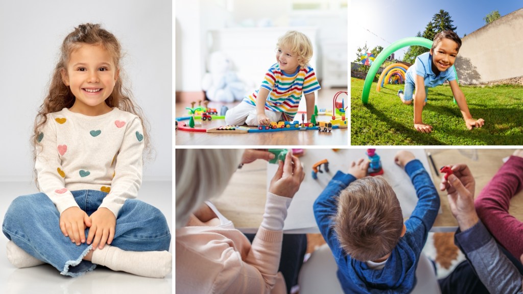 a collage of children playing in positions that are alternatives to W sitting.